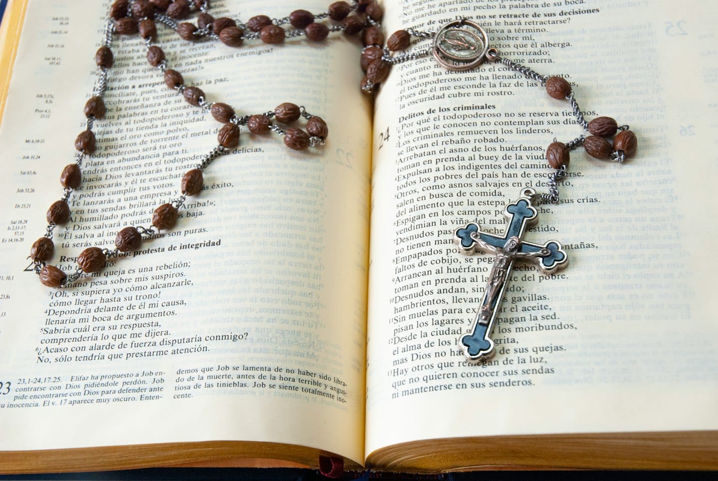 Un rosario appoggiato su una Bibbia spagnola aperta.